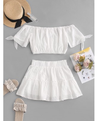  Broderie Anglaise Tied Crop Blouse And Skirt Set - White S