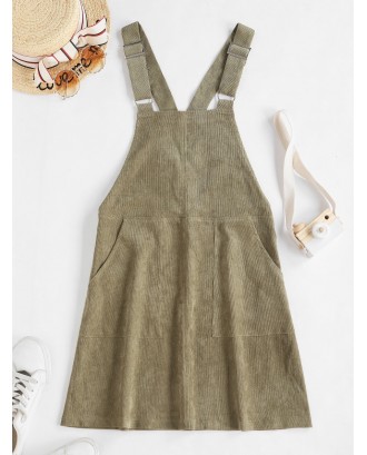  Double Pocket Buckle Strap Corduroy Pinafore Dress - Camouflage Green S