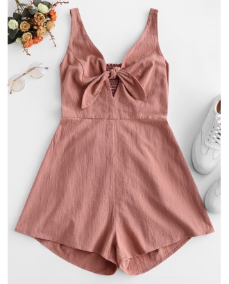  Knotted Cut Out Smocked Sleeveless Romper - Rose L