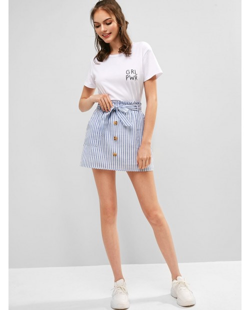  Belted Buttoned Stripes Mini Skirt - Light Blue M