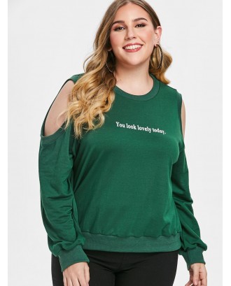 Graphic Plus Size Cold Shoulder Sweatshirt - Green 2x