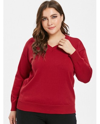 Plain Plus Size V Neck Sweater - Red 2x