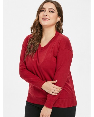 Plain Plus Size V Neck Sweater - Red 2x