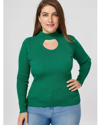 Plus Size Ribbed Cutout Mock Neck Sweater - Green 5xl