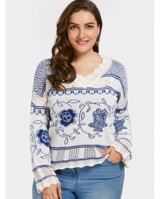 Plus Size Scalloped Jacquard Sweater - Blue And White Xl