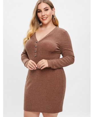  Plus Size Low Cut Knitted Dress - Brown 1x