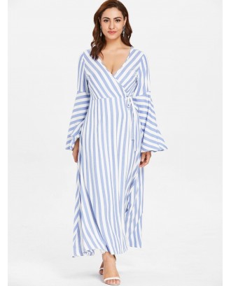  Plus Size Flare Sleeve Wrap Striped Dress - Light Blue 3x
