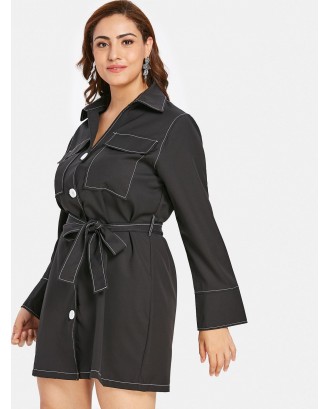  Button Up Plus Size Shirt Dress - Black 3x