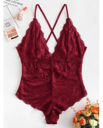 Crisscross Floral Lace Teddy - Red Wine M