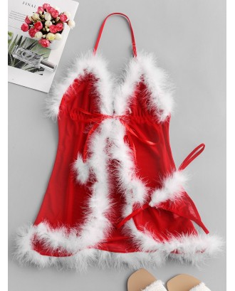 Christmas Feather Trim Lingerie Babydoll Set - Red M