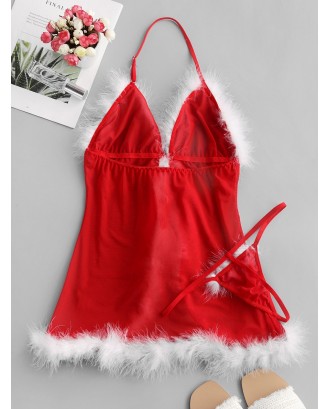 Christmas Feather Trim Lingerie Babydoll Set - Red M