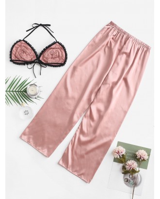 Color Block Satin Pajama Pants Set - Orange Pink M