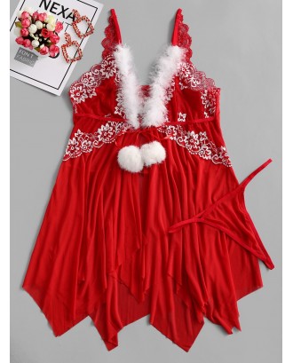 Faux Fur Pompom Christmas Lingerie Babydoll Set - Red M