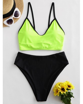  Colorblock Lace Up High Waisted Tankini Swimsuit - Green Yellow Xl