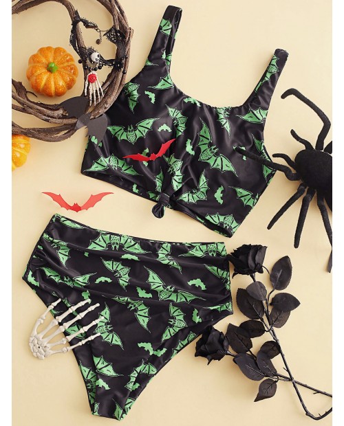  Bat Graphic Knotted Ruched Halloween Tankini Swimsuit - Black M