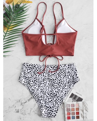  Dalmatian Dot Lace-up Tankini Swimsuit - Cherry Red M