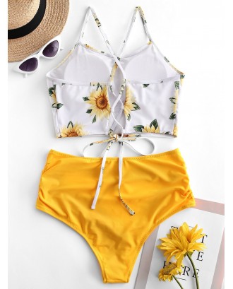  Crisscross Ruched Sunflower Tankini Set - Bright Yellow M