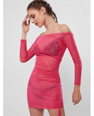 Cinched Side Sheer Mesh Off Shoulder Mini Dress - Blush Red L