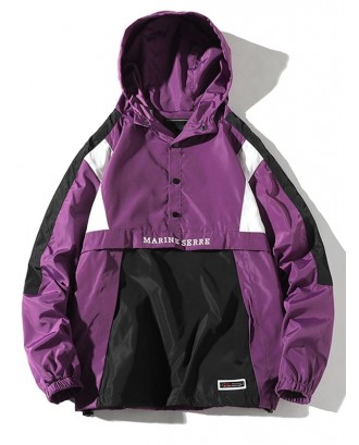 Color Block Splicing Pullover Hooded Jacket - Purple Flower L
