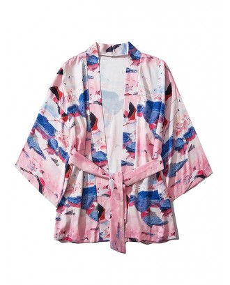 Flamingo Scenery Print Open Front Kimono Cardigan - Multi M