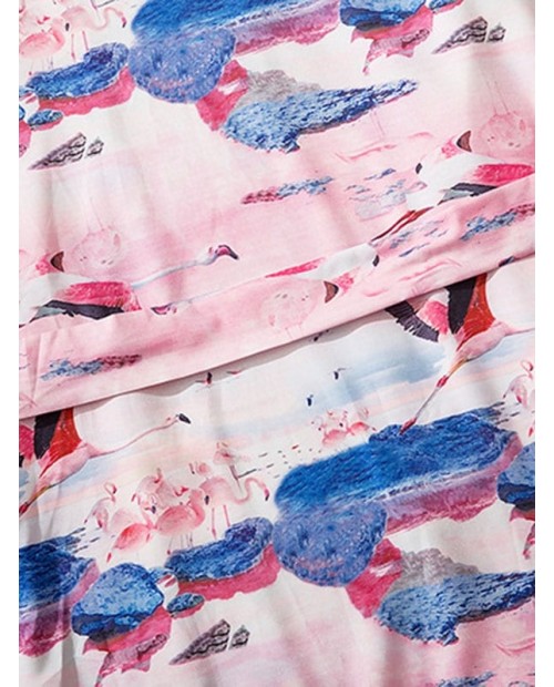 Flamingo Scenery Print Open Front Kimono Cardigan - Multi M