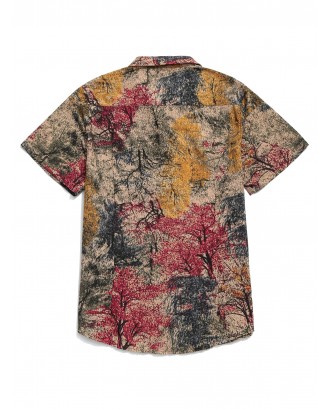 Chinese Colorful Ink Painting Print Button Shirt - Cherry Red M