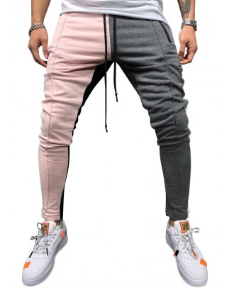 Color Block Pockets Drawstring Slim Fit Track Pants - Light Pink M