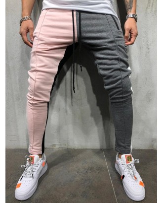 Color Block Pockets Drawstring Slim Fit Track Pants - Light Pink M