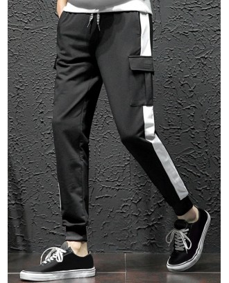 Colorblock Spliced Flap Pocket Sport Jogger Pants - Black Xs