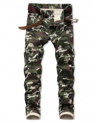 Camo Pattern Zipper Fly Casual Cuffed Jeans - Army Green 36