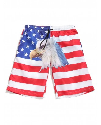 American Flag Eagle Print Drawstring Board Shorts - White L