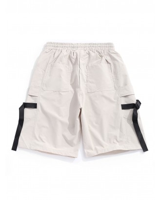 Buckle Strap Applique Multi-pocket Casual Shorts - Light Khaki S